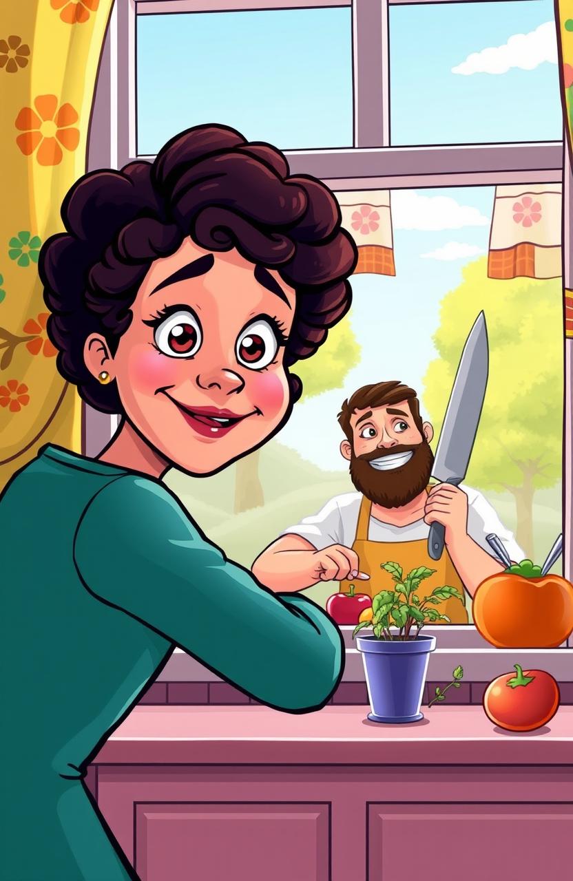 A playful cartoon image depicting a woman with short, curly hair peering through a kitchen window with wide eyes, showing a mix of surprise and curiosity