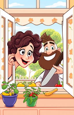 A playful cartoon image depicting a woman with short, curly hair peering through a kitchen window with wide eyes, showing a mix of surprise and curiosity