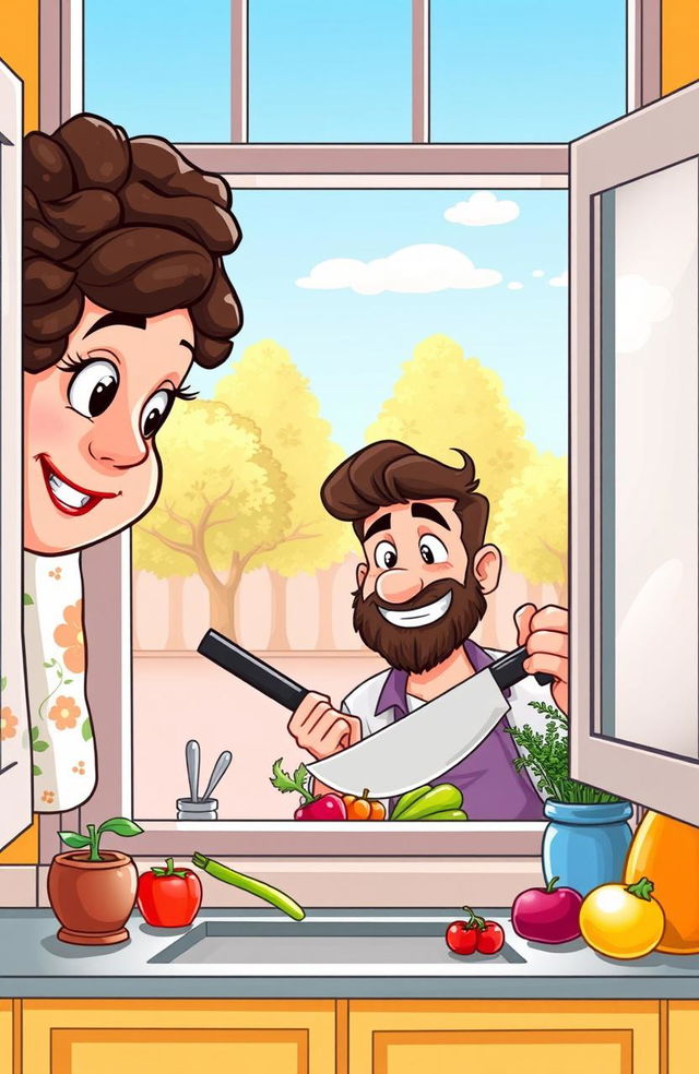 A playful cartoon image depicting a woman with short, curly hair peering through a kitchen window with wide eyes, showing a mix of surprise and curiosity