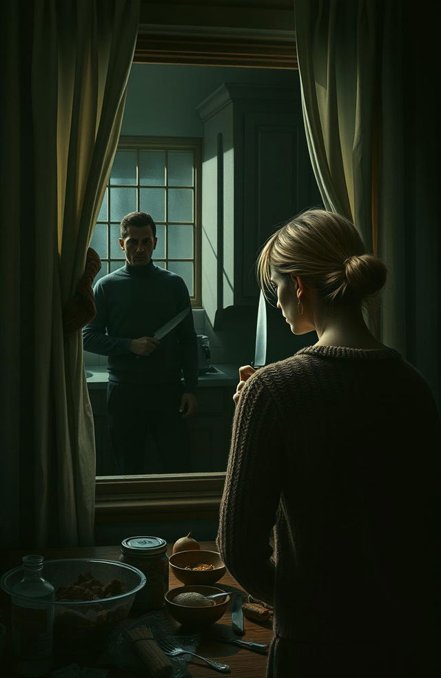 A suspenseful scene depicting a woman secretly watching a man from behind a kitchen window