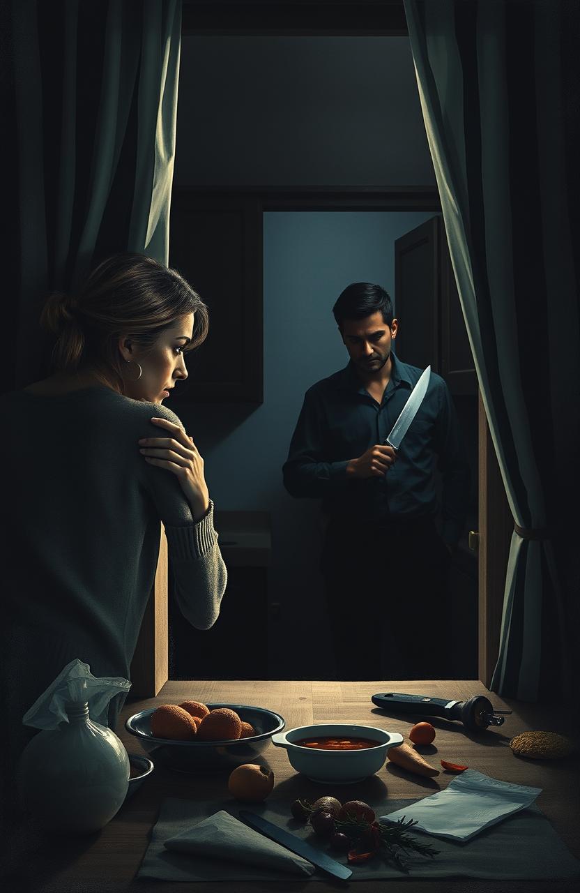 A suspenseful scene depicting a woman secretly watching a man from behind a kitchen window