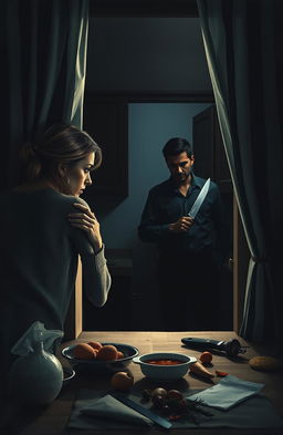 A suspenseful scene depicting a woman secretly watching a man from behind a kitchen window