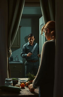 A suspenseful scene depicting a woman secretly watching a man from behind a kitchen window