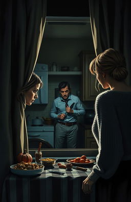 A suspenseful scene depicting a woman secretly watching a man from behind a kitchen window