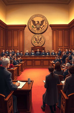 An academic illustration of a constitutional court in session, featuring a grand courtroom filled with distinguished judges in formal robes, intricately designed wooden benches, and a large, detailed seal of the constitution on the wall