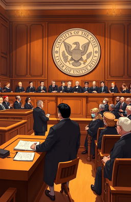 An academic illustration of a constitutional court in session, featuring a grand courtroom filled with distinguished judges in formal robes, intricately designed wooden benches, and a large, detailed seal of the constitution on the wall