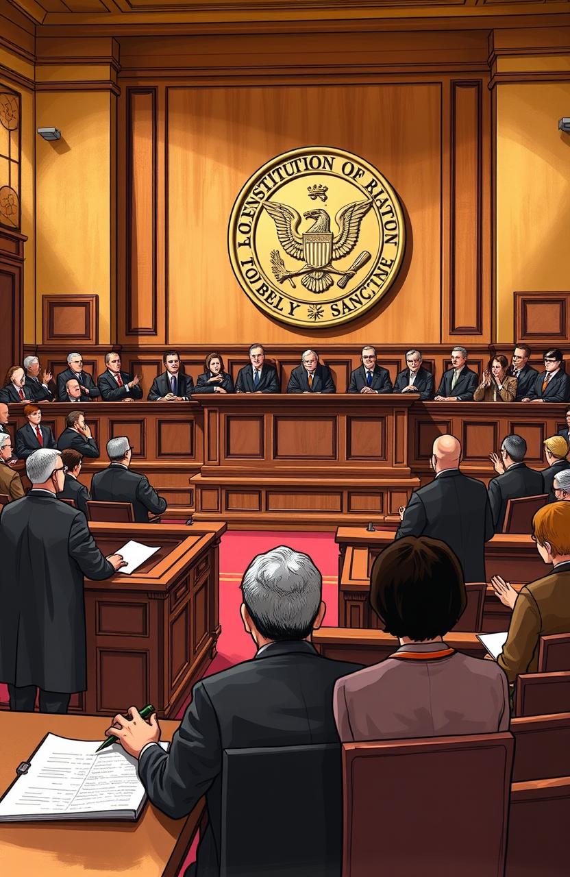 An academic illustration of a constitutional court in session, featuring a grand courtroom filled with distinguished judges in formal robes, intricately designed wooden benches, and a large, detailed seal of the constitution on the wall