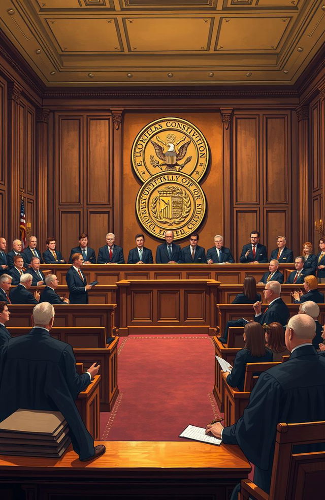 An academic illustration of a constitutional court in session, featuring a grand courtroom filled with distinguished judges in formal robes, intricately designed wooden benches, and a large, detailed seal of the constitution on the wall