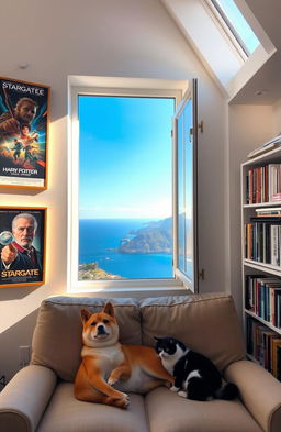 A cozy room with a large window allowing sunlight to stream in from the top right corner, illuminating the space