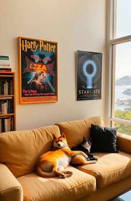 A cozy room featuring a large window with sunlight streaming in from the top right corner