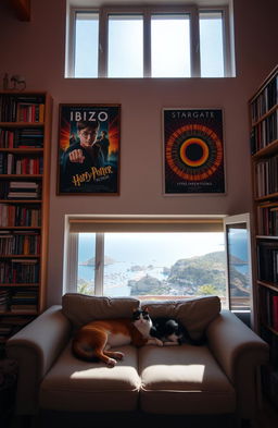 A cozy room featuring a large window with sunlight streaming in from the top right corner