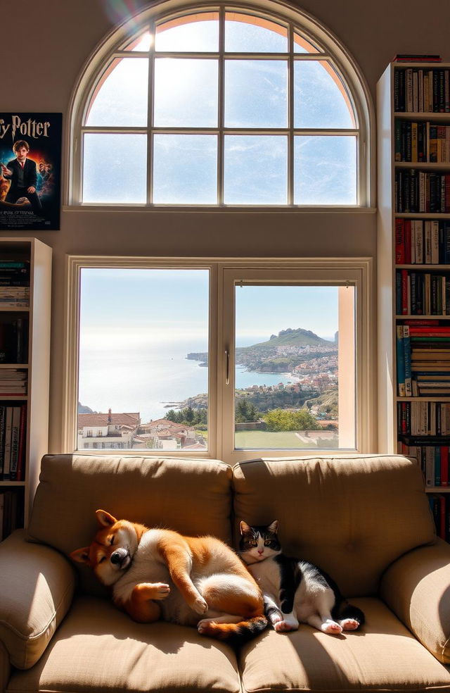 A cozy room featuring a large window with sunlight streaming in from the top right corner