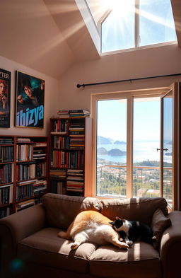 A cozy room illuminated by warm sunlight streaming through a large window in the top right corner