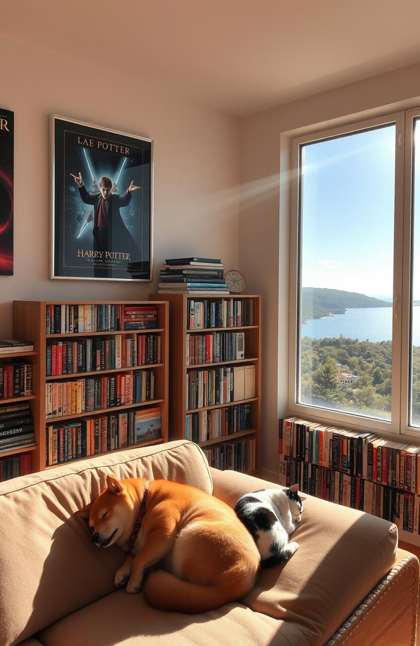 A cozy room illuminated by warm sunlight streaming through a large window in the top right corner