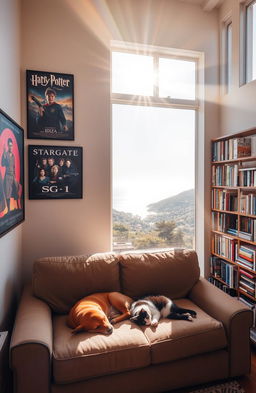 A cozy room illuminated by warm sunlight streaming through a large window in the top right corner