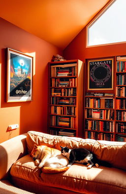 A cozy room illuminated by warm sunlight streaming through a large window in the top right corner