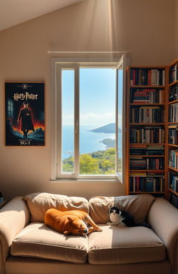 A cozy room bathed in warm sunlight streaming through the top right corner