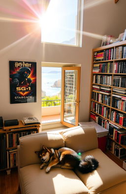 A cozy room bathed in warm sunlight streaming through the top right corner