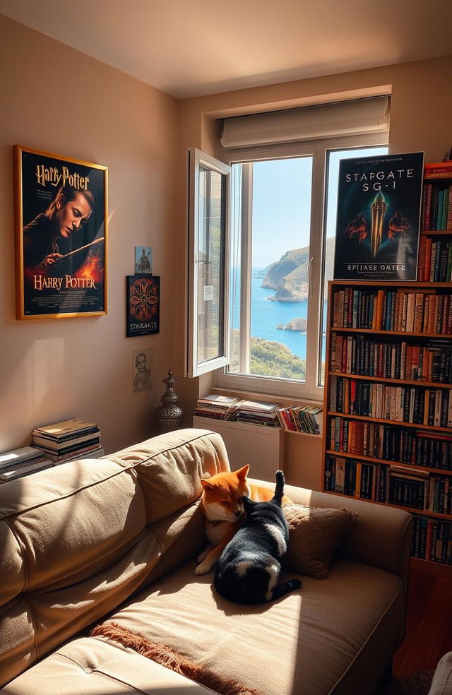 A cozy room bathed in warm sunlight streaming through the top right corner