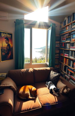 A cozy room bathed in warm sunlight streaming through the top right corner