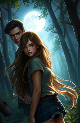 A realistic portrayal of a teenage girl in a moonlit forest, with soft moonlight filtering through the trees, casting a gentle glow