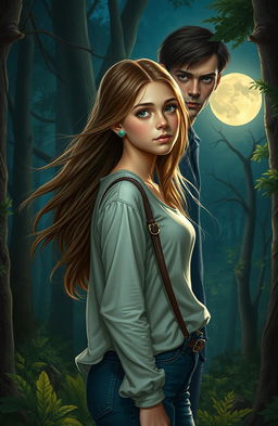 A realistic portrayal of a teenage girl in a moonlit forest, with soft moonlight filtering through the trees, casting a gentle glow