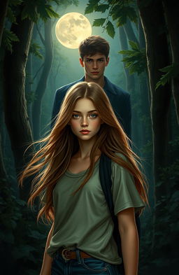 A realistic portrayal of a teenage girl in a moonlit forest, with soft moonlight filtering through the trees, casting a gentle glow