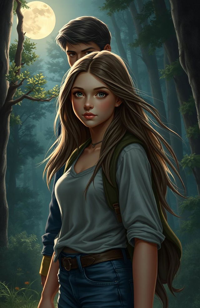 A realistic portrayal of a teenage girl in a moonlit forest, with soft moonlight filtering through the trees, casting a gentle glow