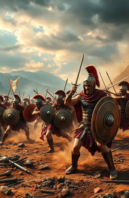 An epic battle scene set in ancient Sparta, showcasing Spartan warriors in full armor, wielding shields and swords, in the midst of a fierce conflict