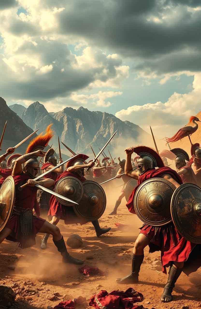 An epic battle scene set in ancient Sparta, showcasing Spartan warriors in full armor, wielding shields and swords, in the midst of a fierce conflict