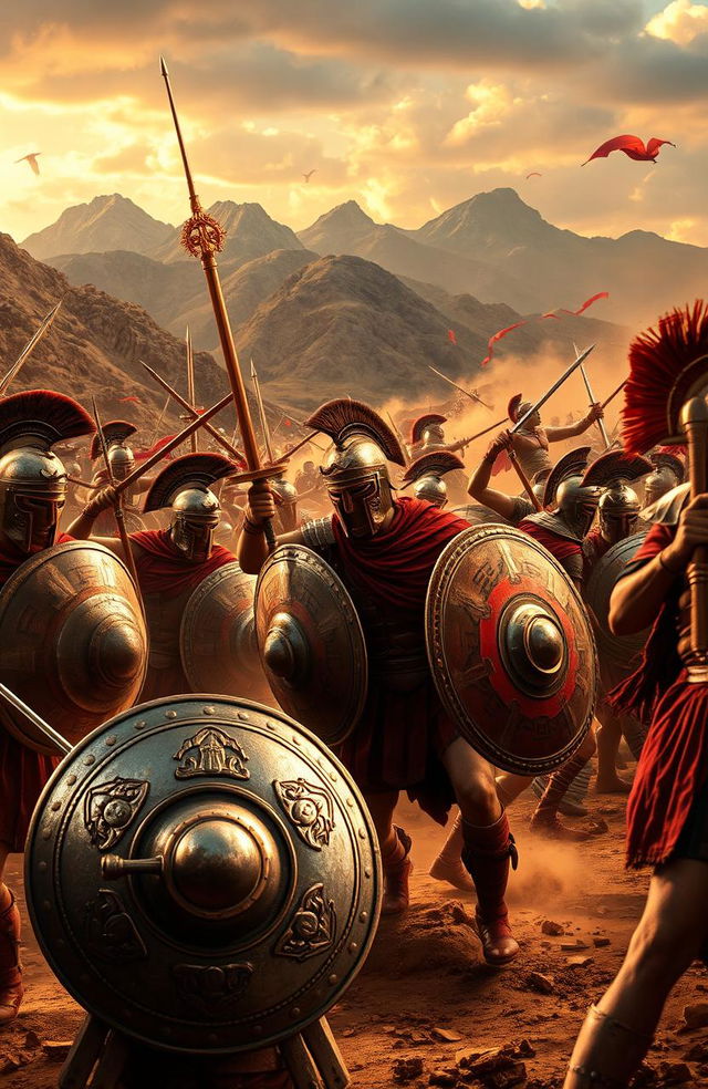 An epic battle scene set in ancient Sparta, showcasing Spartan warriors in full armor, wielding shields and swords, in the midst of a fierce conflict