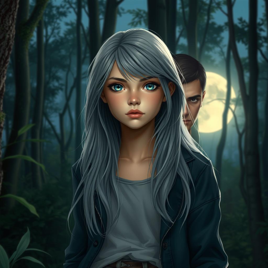 A realistic portrayal of a teenage girl with long gray hair and striking blue eyes in a moonlit forest