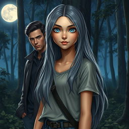 A realistic portrayal of a teenage girl with long gray hair and striking blue eyes in a moonlit forest