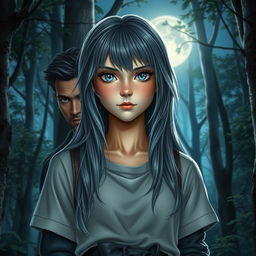 A realistic portrayal of a teenage girl with long gray hair and striking blue eyes in a moonlit forest
