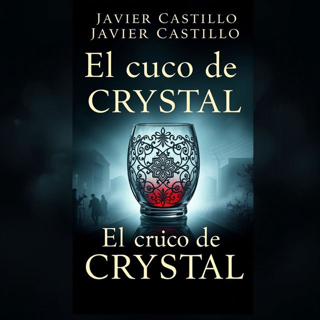 An imaginative book cover design for 'El cuco de cristal' by Javier Castillo, featuring a mysterious, intricately designed glass cuco in the center