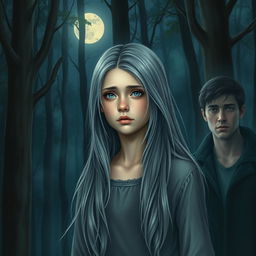 A realistic depiction of a sad teenage girl with long gray hair and striking blue eyes in a moonlit forest