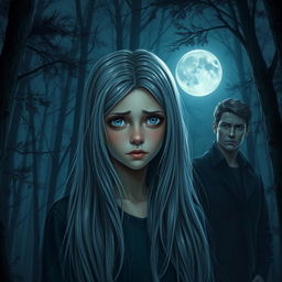 A realistic depiction of a sad teenage girl with long gray hair and striking blue eyes in a moonlit forest