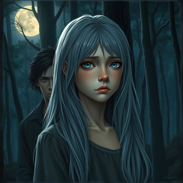 A realistic depiction of a sad teenage girl with long gray hair and striking blue eyes in a moonlit forest