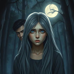 A realistic depiction of a sad teenage girl with long gray hair and striking blue eyes in a moonlit forest