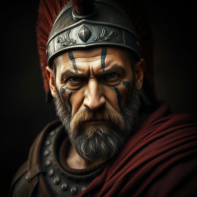 A portrait of a Spartan hero depicted as a serious and imposing figure, embodying the darkest aspects of a warrior's spirit