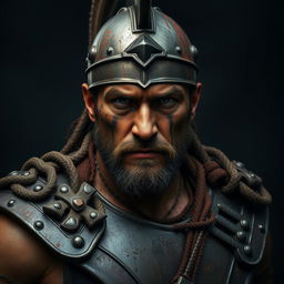 A portrait of a Spartan hero depicted as a serious and imposing figure, embodying the darkest aspects of a warrior's spirit