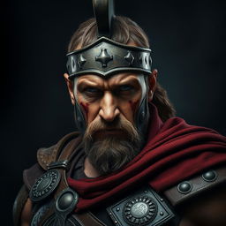 A portrait of a Spartan hero depicted as a serious and imposing figure, embodying the darkest aspects of a warrior's spirit