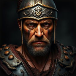 A portrait of a Spartan hero depicted as a serious and imposing figure, embodying the darkest aspects of a warrior's spirit