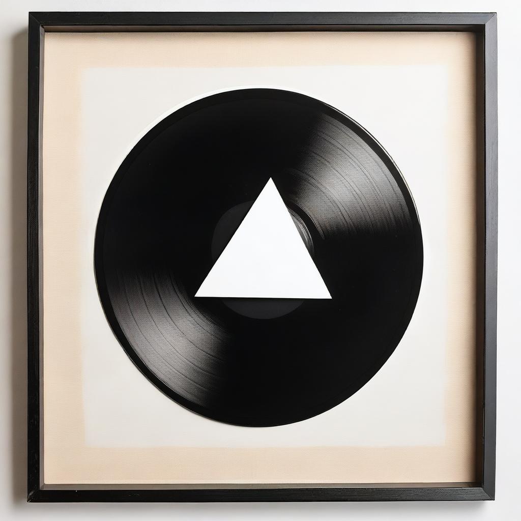 A classic black vinyl record with a crisp, white play triangle in the center.