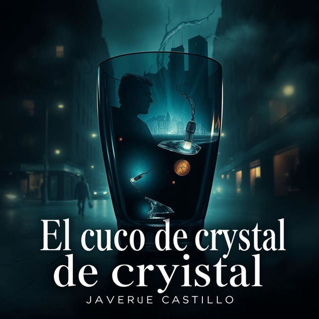 An artistic interpretation inspired by 'El cuco de cristal' by Javier Castillo, showcasing a striking metaphorical glass cuco surrounded by shadows and mysterious elements