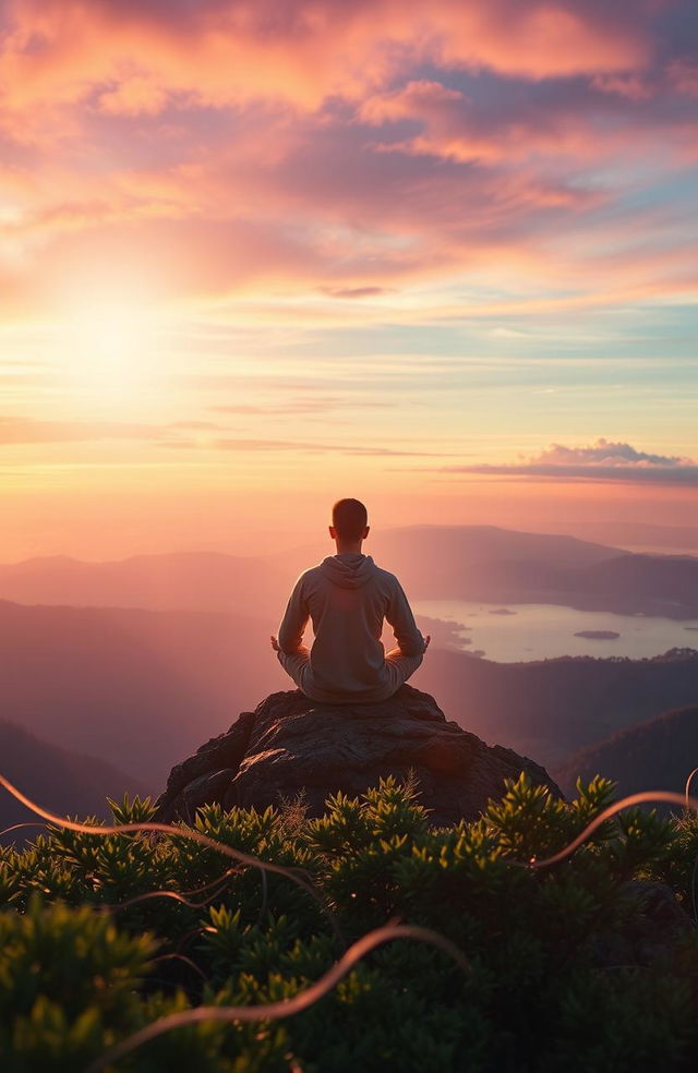 a serene and enlightening scene representing spiritual awakening, featuring a person meditating peacefully atop a mountain at sunrise, surrounded by glowing orbs of light, vibrant colors in the sky, and lush greenery in the foreground, embodying tranquility and harmony, with a gentle breeze rustling through, evoking a sense of deep connection and introspection