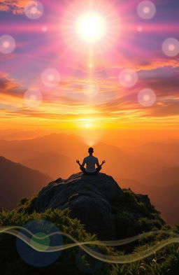 a serene and enlightening scene representing spiritual awakening, featuring a person meditating peacefully atop a mountain at sunrise, surrounded by glowing orbs of light, vibrant colors in the sky, and lush greenery in the foreground, embodying tranquility and harmony, with a gentle breeze rustling through, evoking a sense of deep connection and introspection
