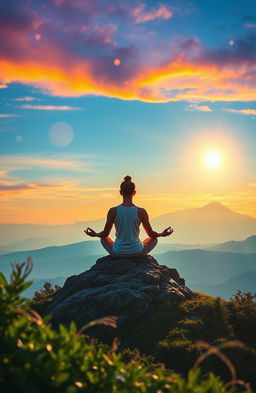 a serene and enlightening scene representing spiritual awakening, featuring a person meditating peacefully atop a mountain at sunrise, surrounded by glowing orbs of light, vibrant colors in the sky, and lush greenery in the foreground, embodying tranquility and harmony, with a gentle breeze rustling through, evoking a sense of deep connection and introspection