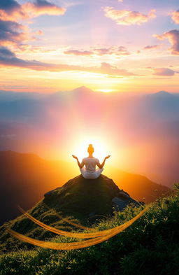 a serene and enlightening scene representing spiritual awakening, featuring a person meditating peacefully atop a mountain at sunrise, surrounded by glowing orbs of light, vibrant colors in the sky, and lush greenery in the foreground, embodying tranquility and harmony, with a gentle breeze rustling through, evoking a sense of deep connection and introspection