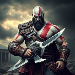 A powerful and imposing character inspired by Kratos from God of War, depicted as a muscular warrior with pale skin and a distinct red tattoo running across his face and body